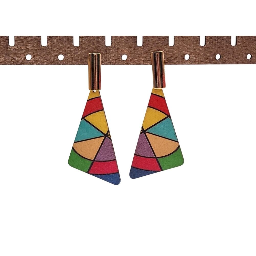 Boho Geometric Triangle Color Block Wood Dangle Statement Earrings